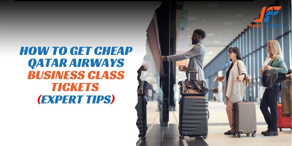 Luxury Qatar Airways business class cabin with a passenger relaxing in a Qsuite seat while a Qatar Airways aircraft sits on the runway near Doha skyline at sunset